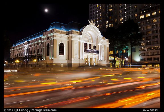 Light trails and Municipal Theater at night. Ho Chi Minh City, Vietnam