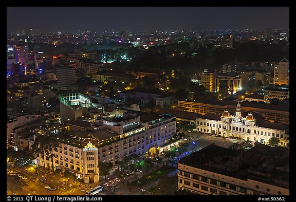 Peoples Committee building and Rex Hotel at night. Ho Chi Minh City, Vietnam