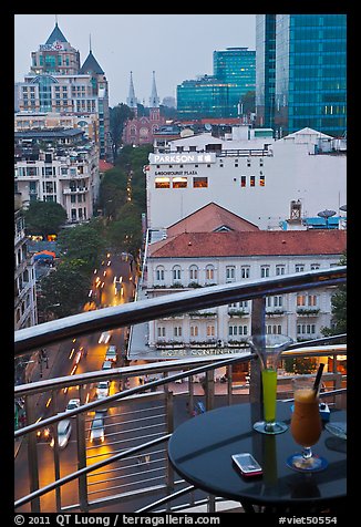 Drinks and view from rooftop bar of Hotel Caravelle. Ho Chi Minh City, Vietnam