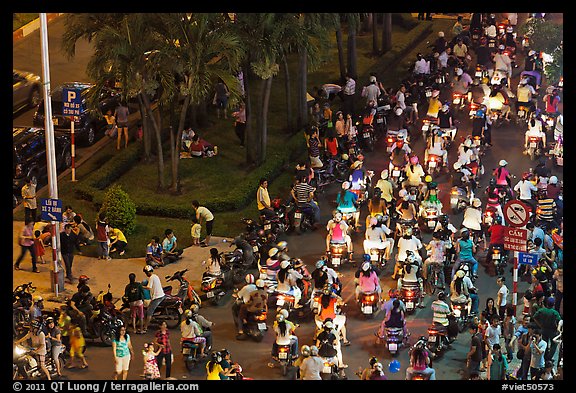 Crowded boulevard from above at night. Ho Chi Minh City, Vietnam
