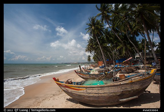 Beach with palm trees and fishing boats. Mui Ne, Vietnam (color)