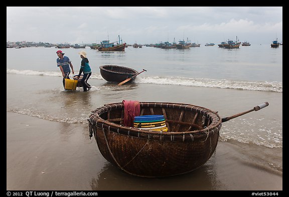 Traditional roundboats on beach. Mui Ne, Vietnam