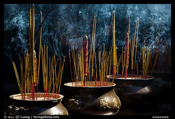 Urns with burning incense sticks, Thien Hau Pagoda, district 5. Cholon, District 5, Ho Chi Minh City, Vietnam (color)