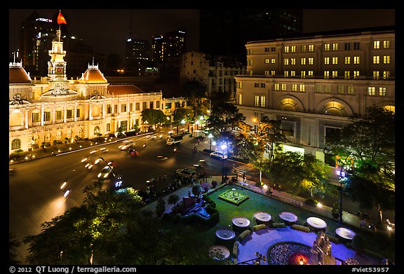 City Hall square at night from above. Ho Chi Minh City, Vietnam (color)