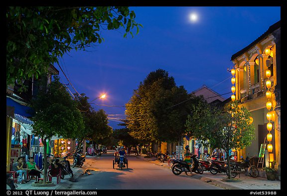Street at dusk with moon and lanterns. Hoi An, Vietnam (color)