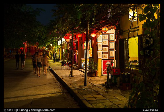 Street lined with art galleries by night. Hoi An, Vietnam (color)