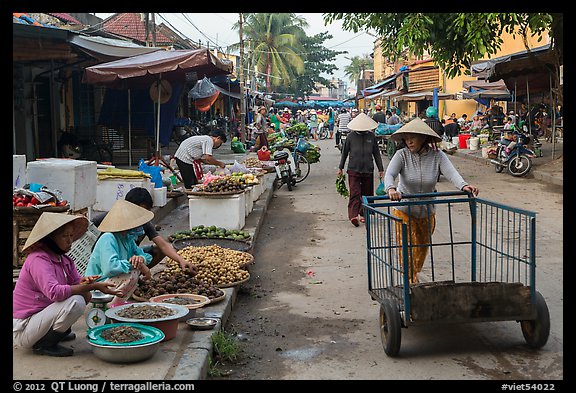 Woman pushing cart on market street. Hoi An, Vietnam