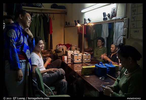 Artists backstage before water puppet performance, Thang Long Theatre. Hanoi, Vietnam