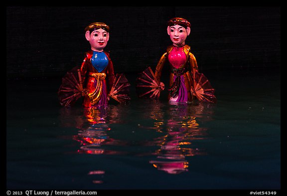 Water puppets (2 characters with fans), Thang Long Theatre. Hanoi, Vietnam (color)