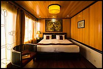 Cruise boat stateroom with curtains drawn. Halong Bay, Vietnam (color)