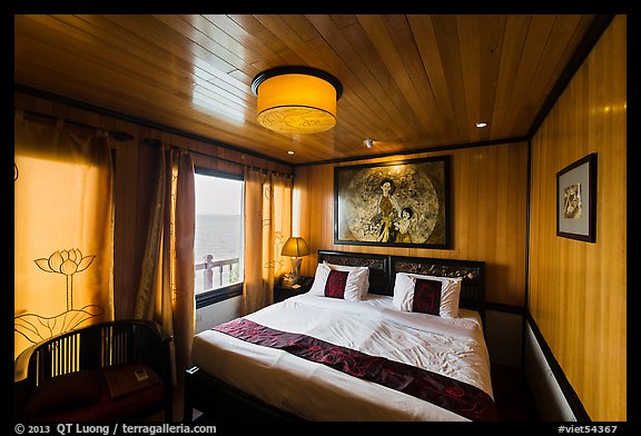 Indochina Sails stateroom and view. Halong Bay, Vietnam