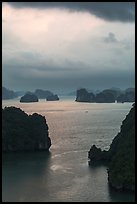 Seascape with limestone islets from above, evening. Halong Bay, Vietnam (color)