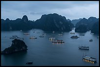 Moored boats and islands from above at dusk. Halong Bay, Vietnam (color)