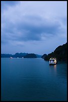 Tour boats lights at dawn. Halong Bay, Vietnam (color)