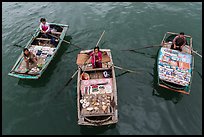 Women selling sea shells and perls from row boats. Halong Bay, Vietnam (color)