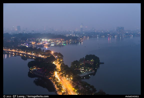 West Lake and city skyline from above by night. Hanoi, Vietnam (color)