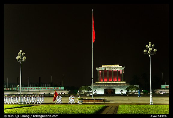 Guards marching in front of Ho Chi Minh Mausoleum at night. Hanoi, Vietnam (color)