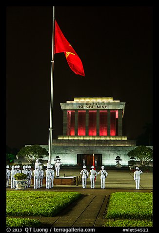 Vietnam flag lowering ceremony, Ho Chi Minh Mausoleum. Hanoi, Vietnam (color)