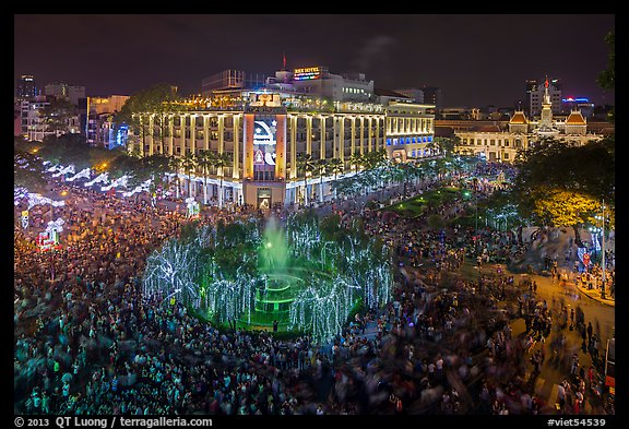New year eve, city hall plaza with crowds. Ho Chi Minh City, Vietnam