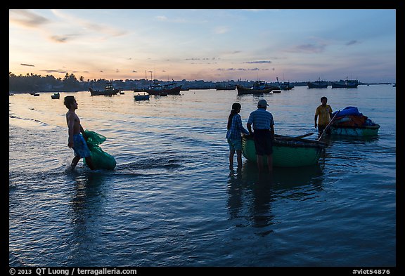 Fishermen using coracle boats to transport cargo at dawn. Mui Ne, Vietnam (color)