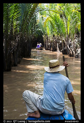Padding in mangrove-lined narrow waterway, Phoenix Island. My Tho, Vietnam (color)