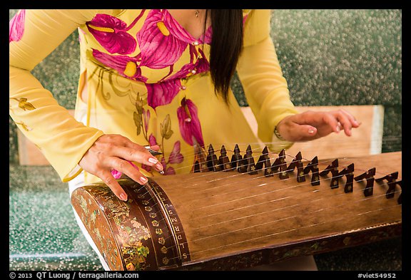 Close up of hands playing plucked zither. My Tho, Vietnam