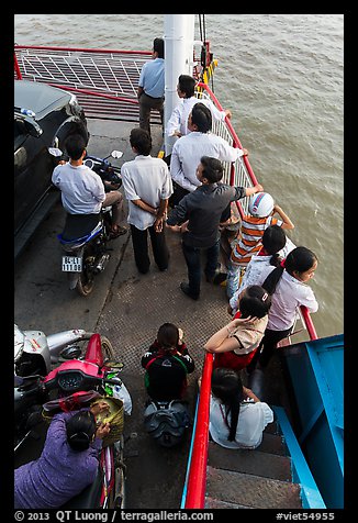 People on ferry seen from above. Mekong Delta, Vietnam