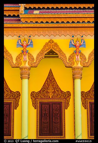 Facade and roof detail, Khmer pagoda. Tra Vinh, Vietnam (color)