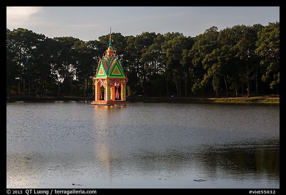 Spirit house in large pond. Tra Vinh, Vietnam (color)