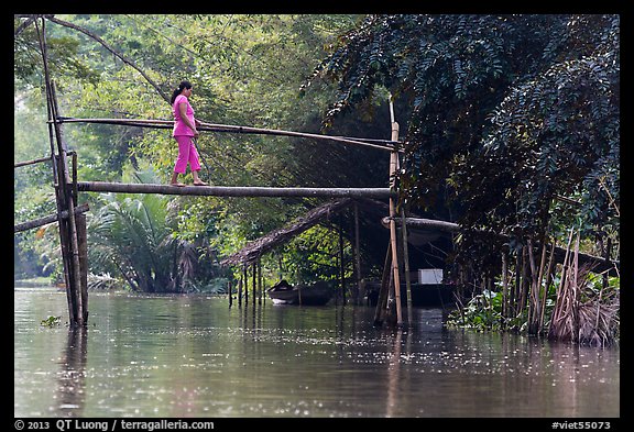 Woman crossing monkey bridge. Can Tho, Vietnam