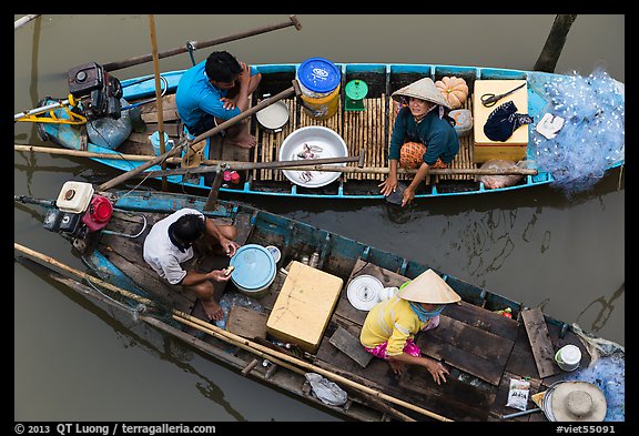 Two sampan boats side-by-side seen from above. Can Tho, Vietnam