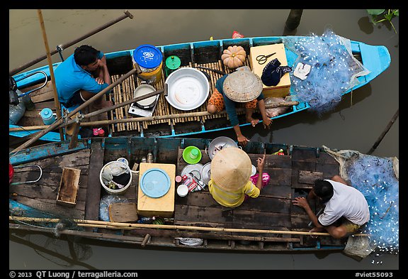 Two fishing sampans side-by-side seen from above. Can Tho, Vietnam