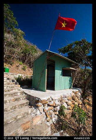 Entrance booth with Vietnam flag, Bay Canh Island, Con Dao National Park. Con Dao Islands, Vietnam (color)