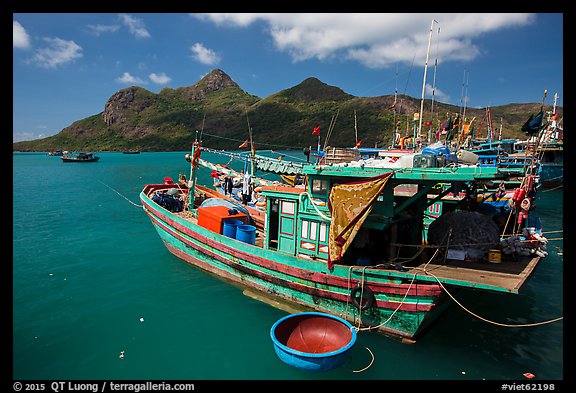 Wooden fishing boats in Ben Dam harbor. Con Dao Islands, Vietnam (color)