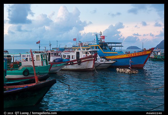Fishing boats and man standing on raft, early morning, Con Son harbor. Con Dao Islands, Vietnam (color)