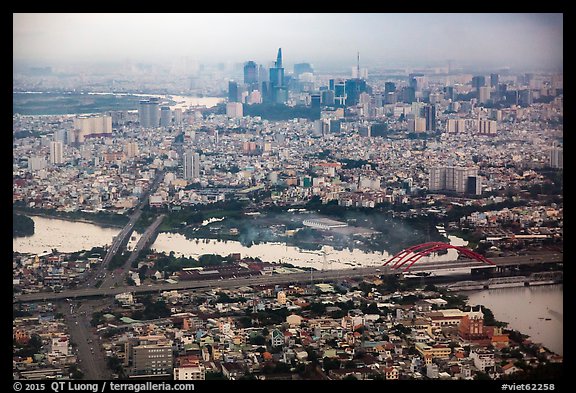 Aerial view of Saigon River and downtown. Ho Chi Minh City, Vietnam (color)