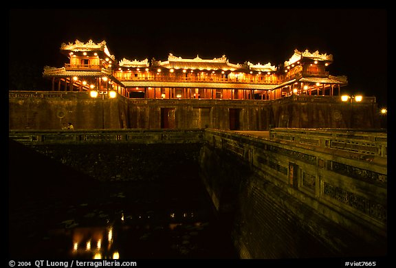 Ngo Mon (noon) Gate illuminated at night. Hue, Vietnam