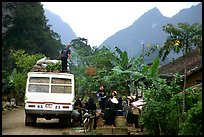 Unloading of a bus in a mountain village. Northeast Vietnam