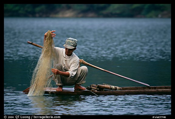 Fisherman retrieves net from a dugout boat. Northeast Vietnam