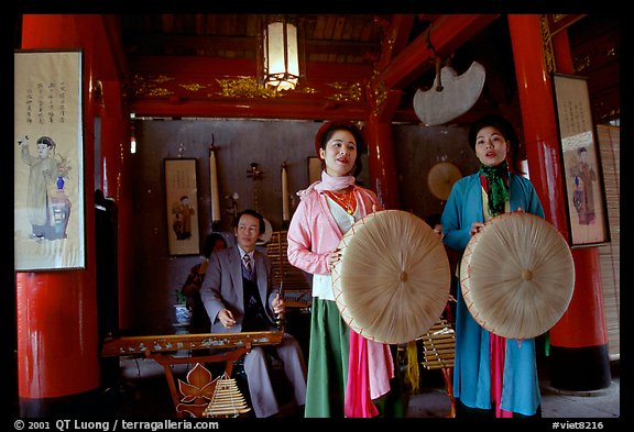 Traditional music players in the Temple of Literature. Hanoi, Vietnam