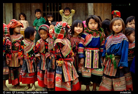 School kids in colorfull everyday dress. Bac Ha, Vietnam (color)