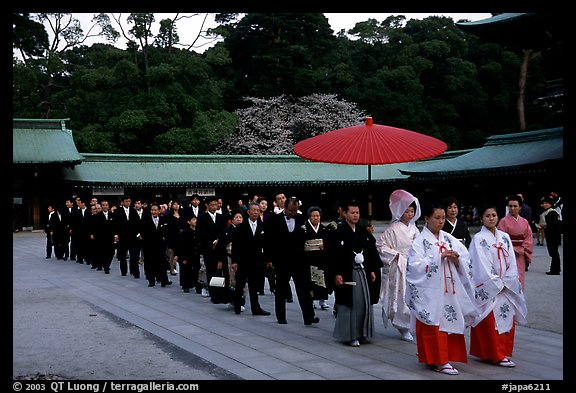 Traditional Shinto wedding procession at the Meiji-jingu Shrine. Tokyo, Japan (color)