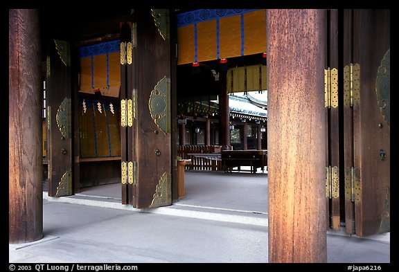 Wooden pilars and hall, Meiji-jingu Shrine. Tokyo, Japan (color)