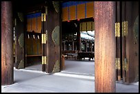 Wooden pilars and hall, Meiji-jingu Shrine. Tokyo, Japan (color)