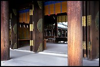 Wooden pilars and hall, Meiji-jingu Shrine. Tokyo, Japan