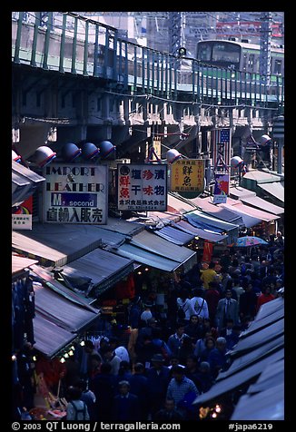 Alley lined with stores beneath the subway in a popular district. Tokyo, Japan (color)