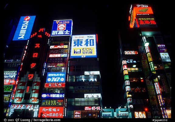 Neon lights by night, Shinjuku. Tokyo, Japan (color)