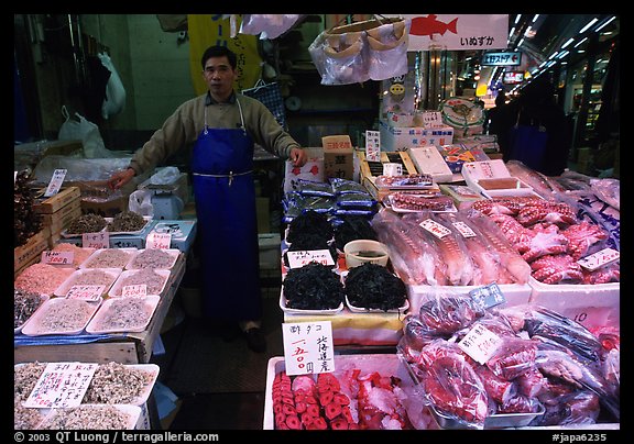 Seafood vendor in a popular street. Tokyo, Japan (color)