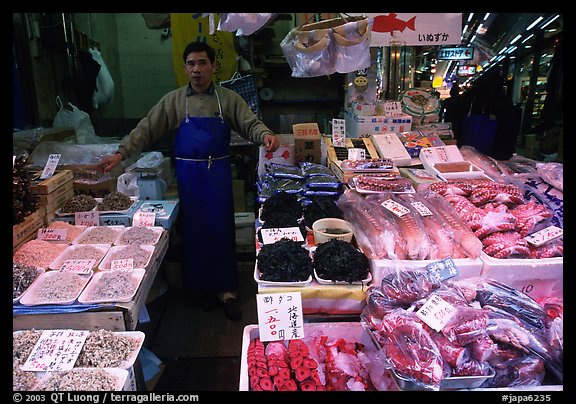 Seafood vendor in a popular street. Tokyo, Japan