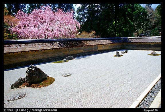 Ryoan-ji Temple has on of the most famous Zen gardens in the karesansui (dry landscape) style, a collection of 15 rocks in a sea of raked sand, enclosed by an earthen wall. Kyoto, Japan